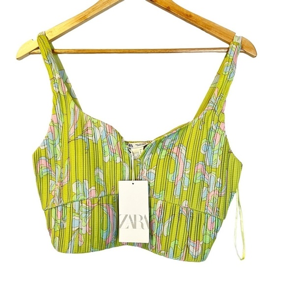 NWT Zara Lime Green Printed Pleated Y2K Crop Top - Picture 2 of 6